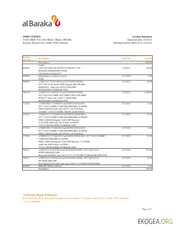 Modèle Excel et PDF de relevé bancaire du Pakistan Al Baraka
